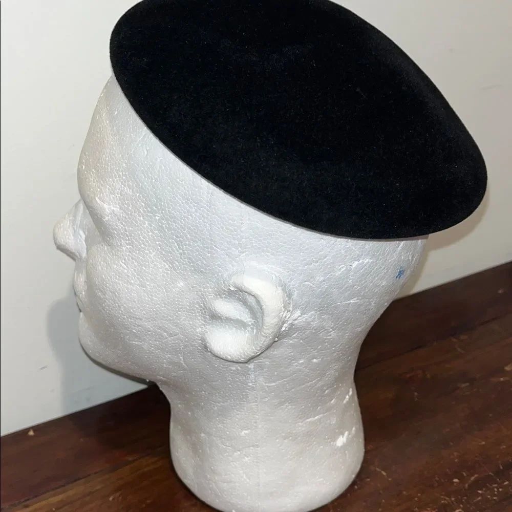 French France Vintage Black Velour Velvet Retro Pin on Couture Skull Cap Beanie - Picture 5 of 5